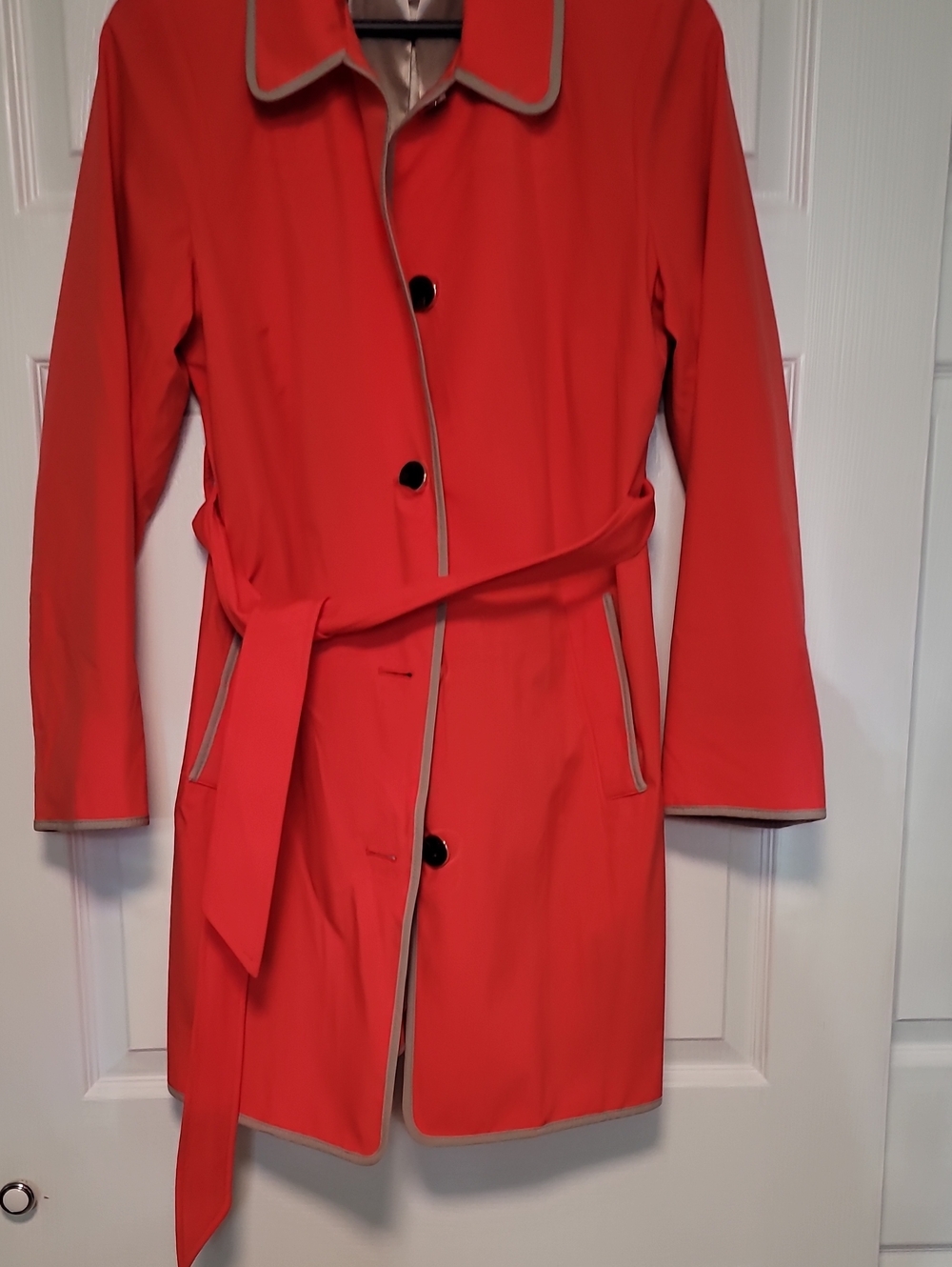 Dennis basso Coral-Red Trench Coat with Tan Contrast Trim